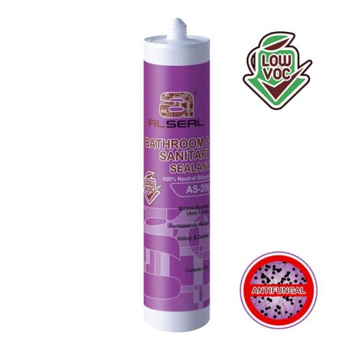 A purple tube with a white cap labelled "LOW VOC ALSEAL BATHROOM & SANITARY SEALANT 100% Neutral Silicone AS-206 (Anti-Fungal Permanently Flexible Indoor & Outdoor Conditions)."