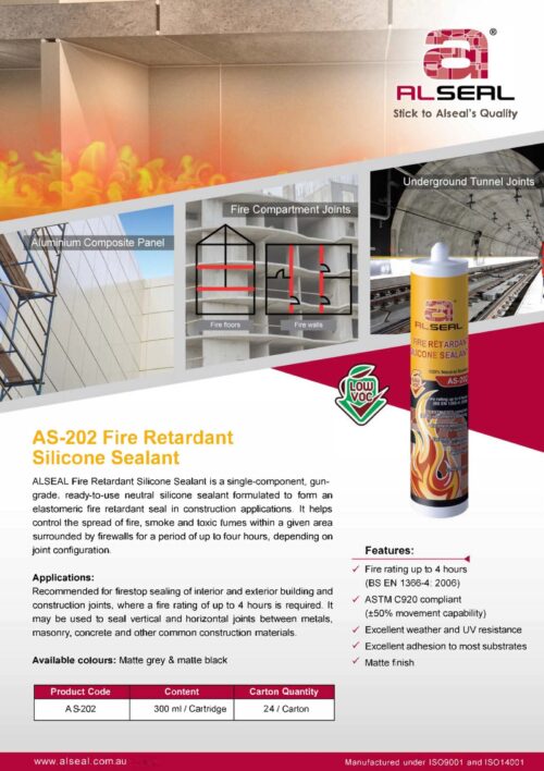 A poster featuring ALSEAL Fire Retardant Silicone Sealant. The design includes product images and text detailing the features and applications of the sealant, emphasizing its fire-rated capabilities for various construction joints. The poster showcases the product availability in matte grey and matte black colors, with specifications on its compliance with building standards and recommended uses.
