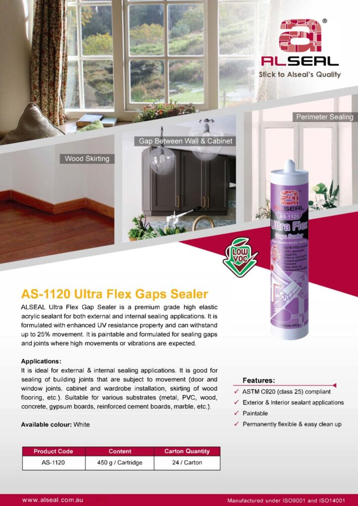 A poster featuring Alseal's Ultra Flex Gap Sealer, highlighting its features as a premium grade high elastic acrylic sealant suitable for internal and external sealing applications. The poster includes information about its UV resistance, ability to withstand movement, paintability, and various suitable substrates such as metal and wood. It specifies the product code AS-1120 with details on packaging quantities and compliance standards.