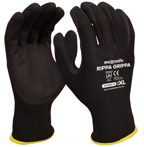 A pair of black gloves with a textured surface and yellow cuffs, labeled with the brand name "maxisafe Rippa Grippa" and CE certification.
