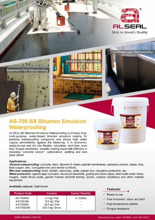 A poster featuring a construction site with an advertisement for ALSEAL waterproofing products. The text outlines various applications of the products, including waterproofing for bathrooms, basements, and metal protection. It lists features like being solvent-free and fungus-resistant and provides product codes and weights for different quantities available. The poster has a dark brown color scheme with technical details presented in a structured format.