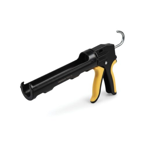 A black and yellow caulking gun with a handle, trigger, and nozzle, designed for applying caulk or sealant.